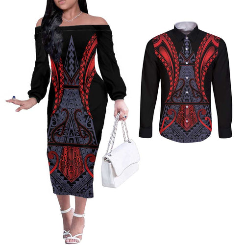 Custom New Zealand Couples Matching Off The Shoulder Long Sleeve Dress and Long Sleeve Button Shirt Maori Kiwiana Pattern Tukutuku Motif