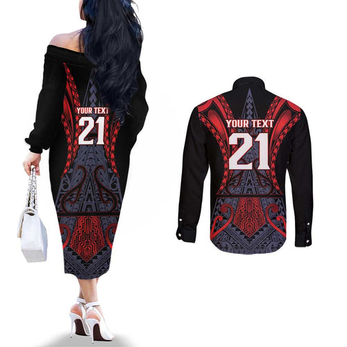 Custom New Zealand Couples Matching Off The Shoulder Long Sleeve Dress and Long Sleeve Button Shirt Maori Kiwiana Pattern Tukutuku Motif