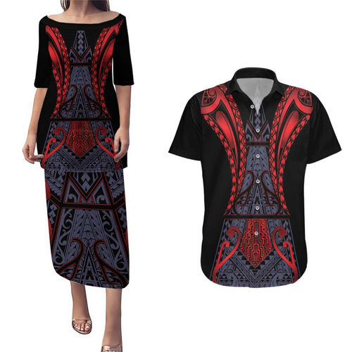 Custom New Zealand Couples Matching Puletasi and Hawaiian Shirt Maori Kiwiana Pattern Tukutuku Motif