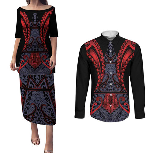 Custom New Zealand Couples Matching Puletasi and Long Sleeve Button Shirt Maori Kiwiana Pattern Tukutuku Motif