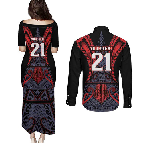 Custom New Zealand Couples Matching Puletasi and Long Sleeve Button Shirt Maori Kiwiana Pattern Tukutuku Motif