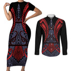 Custom New Zealand Couples Matching Short Sleeve Bodycon Dress and Long Sleeve Button Shirt Maori Kiwiana Pattern Tukutuku Motif