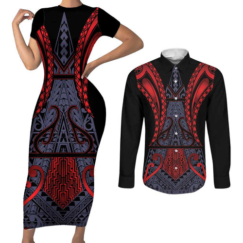 Custom New Zealand Couples Matching Short Sleeve Bodycon Dress and Long Sleeve Button Shirt Maori Kiwiana Pattern Tukutuku Motif