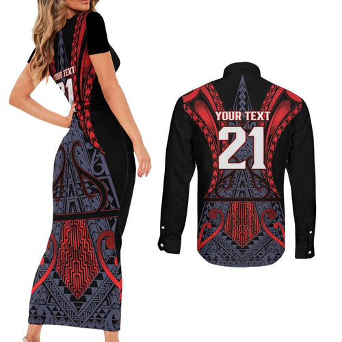 Custom New Zealand Couples Matching Short Sleeve Bodycon Dress and Long Sleeve Button Shirt Maori Kiwiana Pattern Tukutuku Motif