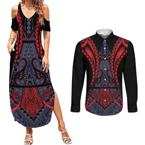 Custom New Zealand Couples Matching Summer Maxi Dress and Long Sleeve Button Shirt Maori Kiwiana Pattern Tukutuku Motif