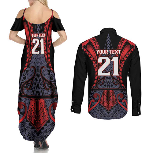 Custom New Zealand Couples Matching Summer Maxi Dress and Long Sleeve Button Shirt Maori Kiwiana Pattern Tukutuku Motif
