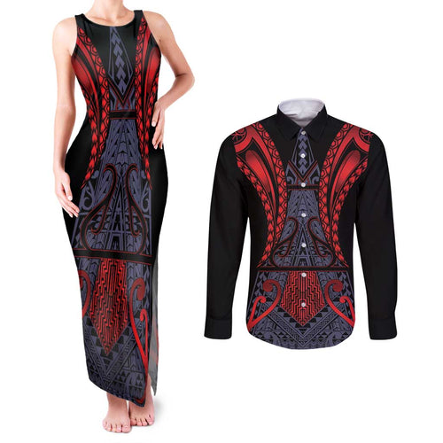 Custom New Zealand Couples Matching Tank Maxi Dress and Long Sleeve Button Shirt Maori Kiwiana Pattern Tukutuku Motif