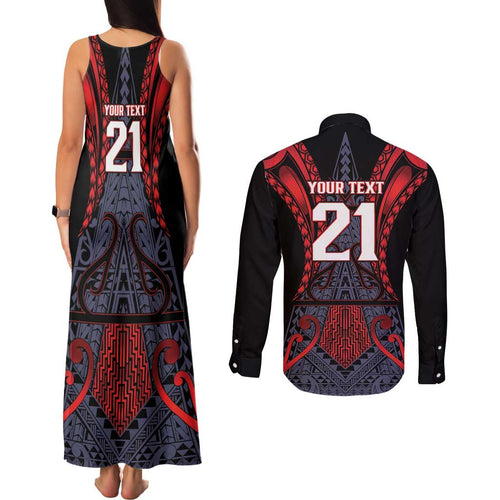 Custom New Zealand Couples Matching Tank Maxi Dress and Long Sleeve Button Shirt Maori Kiwiana Pattern Tukutuku Motif