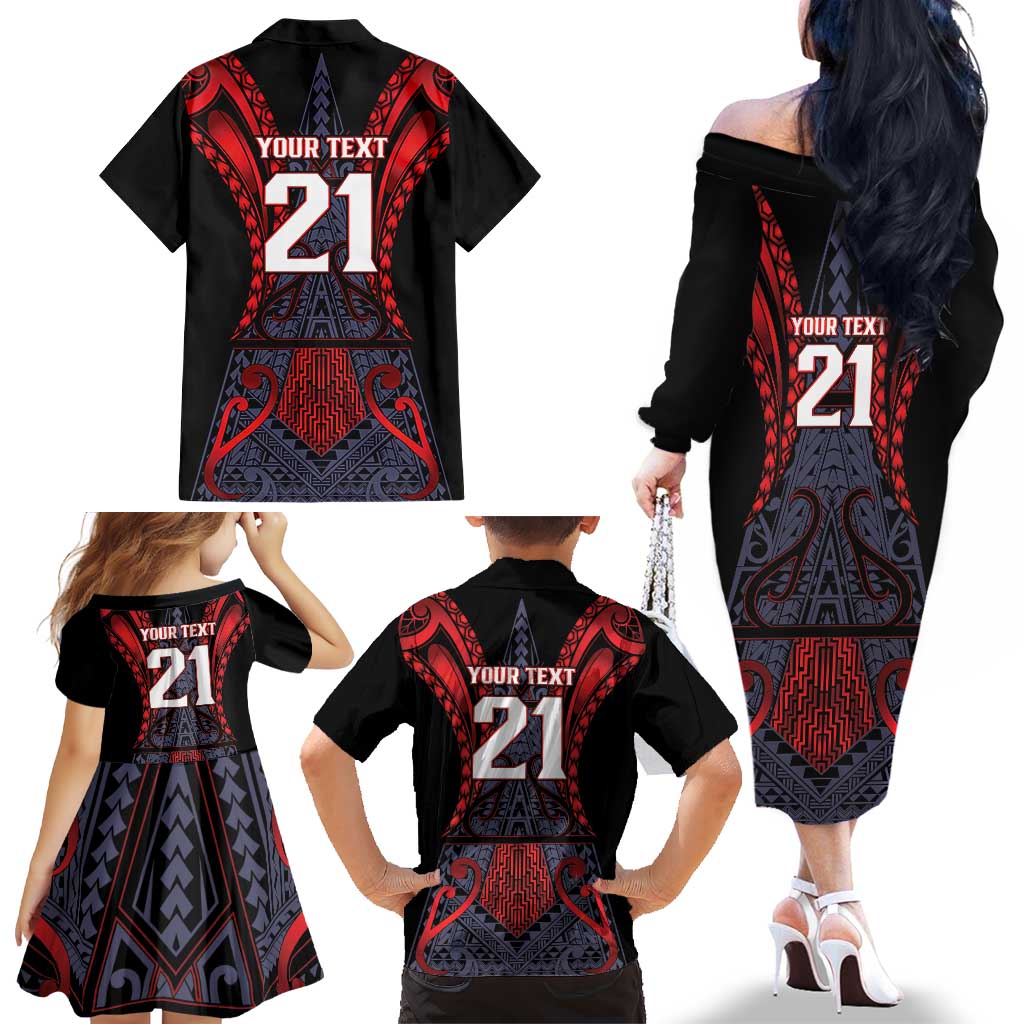 Custom New Zealand Family Matching Off The Shoulder Long Sleeve Dress and Hawaiian Shirt Maori Kiwiana Pattern Tukutuku Motif