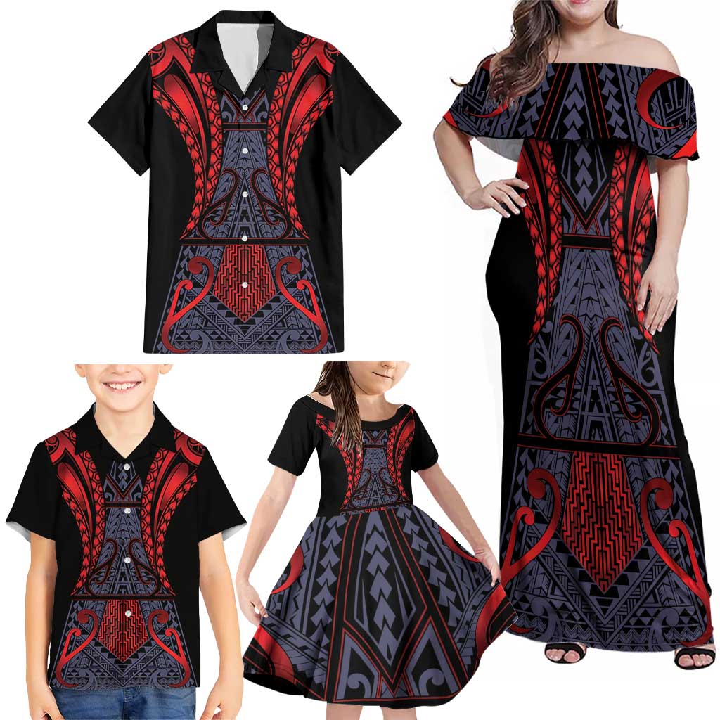 Custom New Zealand Family Matching Off Shoulder Maxi Dress and Hawaiian Shirt Maori Kiwiana Pattern Tukutuku Motif