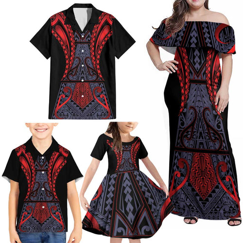 Custom New Zealand Family Matching Off Shoulder Maxi Dress and Hawaiian Shirt Maori Kiwiana Pattern Tukutuku Motif