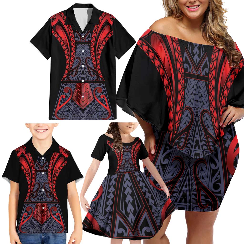 Custom New Zealand Family Matching Off Shoulder Short Dress and Hawaiian Shirt Maori Kiwiana Pattern Tukutuku Motif