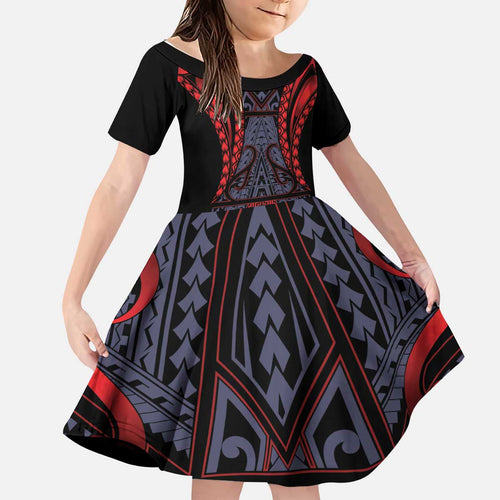 Custom New Zealand Kid Short Sleeve Dress Maori Kiwiana Pattern Tukutuku Motif