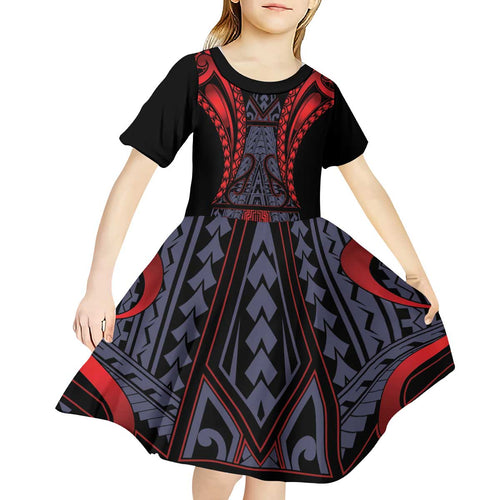 Custom New Zealand Kid Short Sleeve Dress Maori Kiwiana Pattern Tukutuku Motif