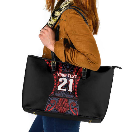 Custom New Zealand Leather Tote Bag Maori Kiwiana Pattern Tukutuku Motif