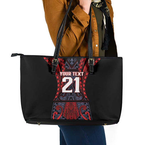 Custom New Zealand Leather Tote Bag Maori Kiwiana Pattern Tukutuku Motif
