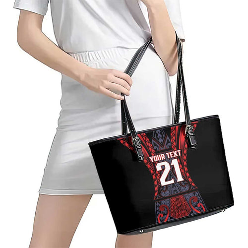 Custom New Zealand Leather Tote Bag Maori Kiwiana Pattern Tukutuku Motif