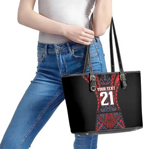 Custom New Zealand Leather Tote Bag Maori Kiwiana Pattern Tukutuku Motif