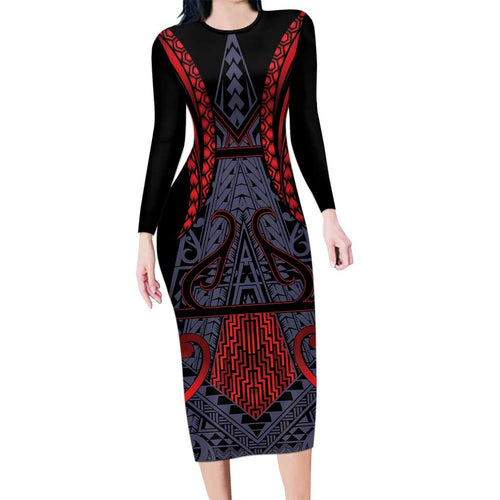 Custom New Zealand Long Sleeve Bodycon Dress Maori Kiwiana Pattern Tukutuku Motif