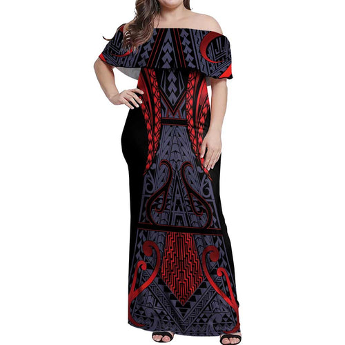 Custom New Zealand Off Shoulder Maxi Dress Maori Kiwiana Pattern Tukutuku Motif