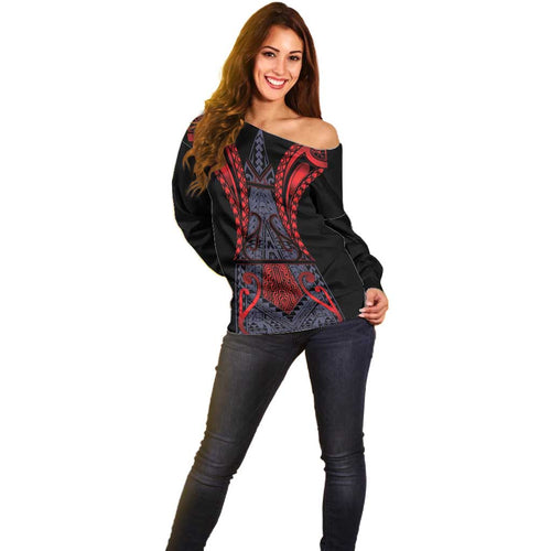Custom New Zealand Off Shoulder Sweater Maori Kiwiana Pattern Tukutuku Motif