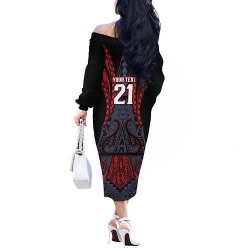 Custom New Zealand Off The Shoulder Long Sleeve Dress Maori Kiwiana Pattern Tukutuku Motif