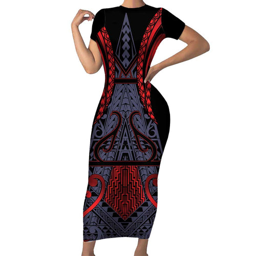 Custom New Zealand Short Sleeve Bodycon Dress Maori Kiwiana Pattern Tukutuku Motif