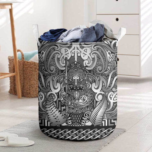 New Zealand Taiaha Maori Laundry Basket Kiwikiwi Minimalist Silver Fern Tukutuku Motif