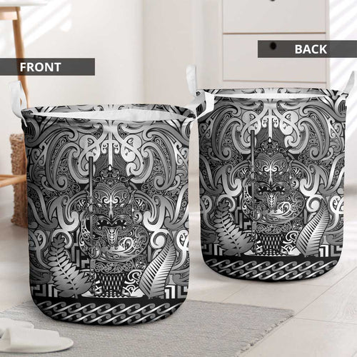 New Zealand Taiaha Maori Laundry Basket Kiwikiwi Minimalist Silver Fern Tukutuku Motif