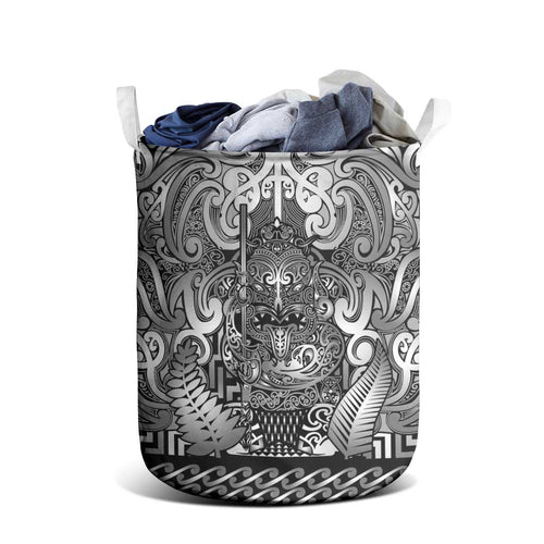 New Zealand Taiaha Maori Laundry Basket Kiwikiwi Minimalist Silver Fern Tukutuku Motif
