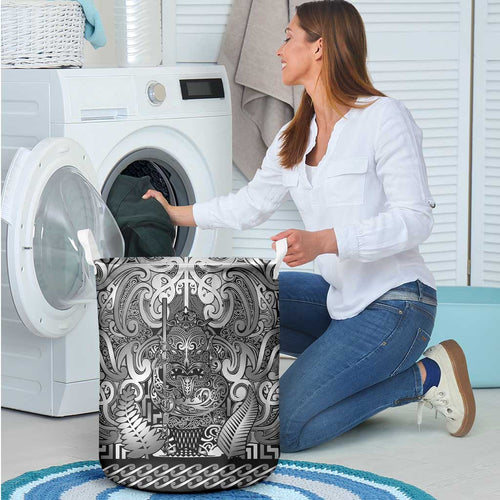 New Zealand Taiaha Maori Laundry Basket Kiwikiwi Minimalist Silver Fern Tukutuku Motif