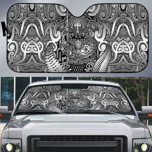 New Zealand Taiaha Maori Auto Sun Shade Kiwikiwi Minimalist Silver Fern Tukutuku Motif