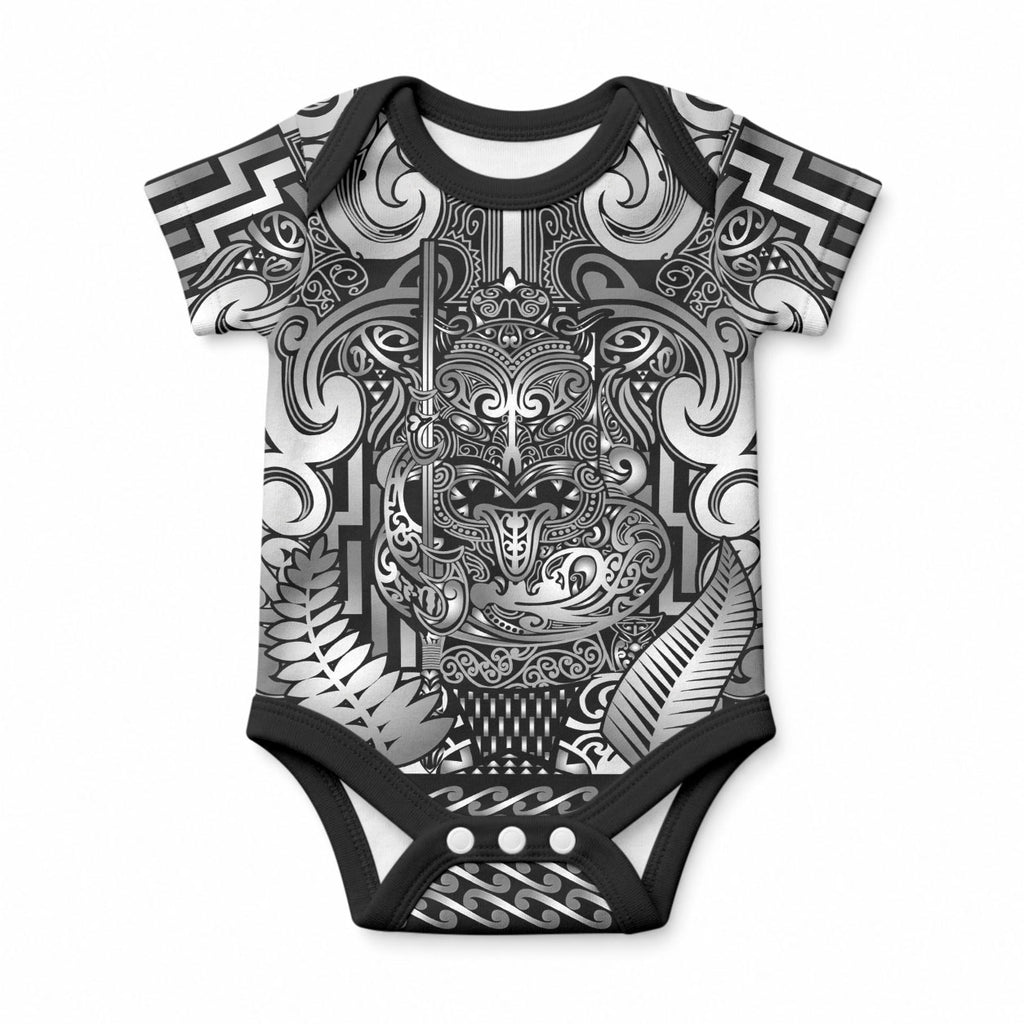 Custom New Zealand Taiaha Maori Baby Onesie Kiwikiwi Minimalist Silver Fern Tukutuku Motif