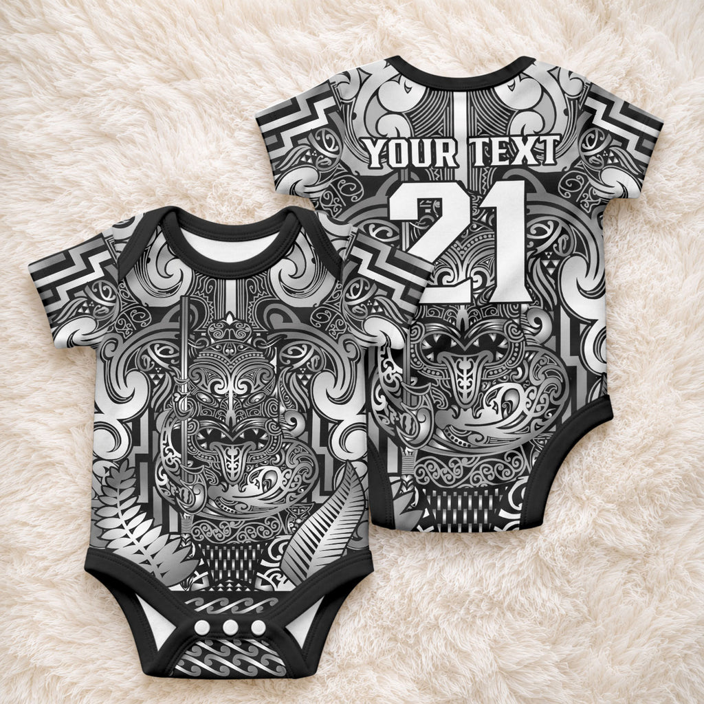 Custom New Zealand Taiaha Maori Baby Onesie Kiwikiwi Minimalist Silver Fern Tukutuku Motif