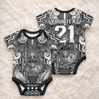 Custom New Zealand Taiaha Maori Baby Onesie Kiwikiwi Minimalist Silver Fern Tukutuku Motif
