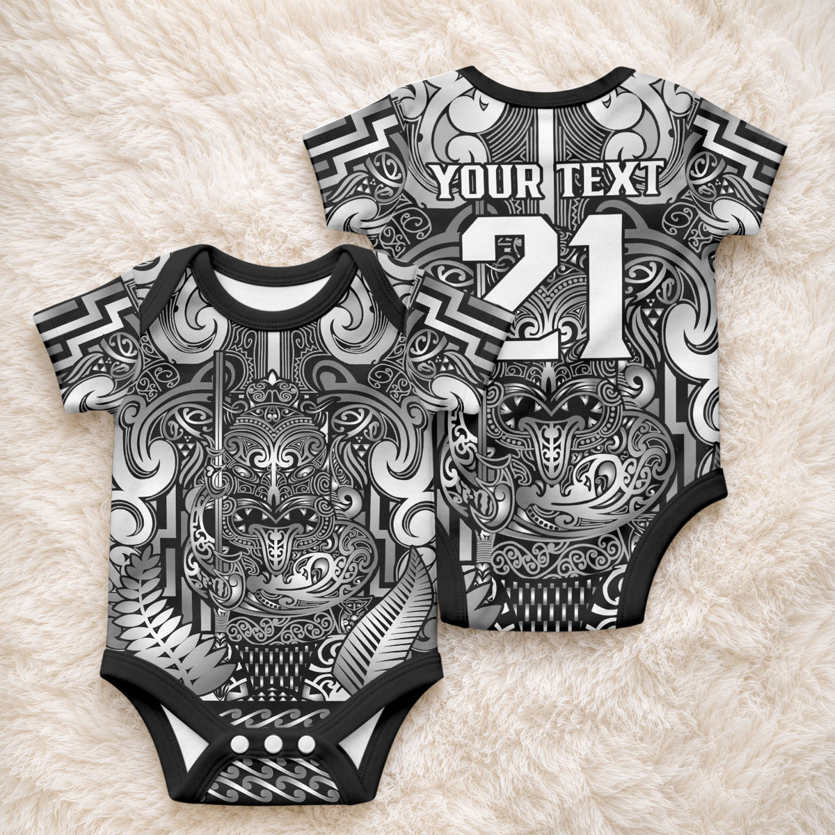 Custom New Zealand Taiaha Maori Baby Onesie Kiwikiwi Minimalist Silver Fern Tukutuku Motif