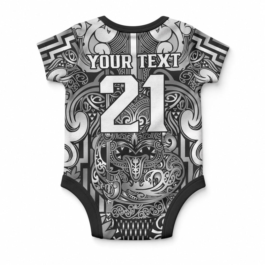 Custom New Zealand Taiaha Maori Baby Onesie Kiwikiwi Minimalist Silver Fern Tukutuku Motif