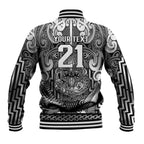Custom New Zealand Taiaha Maori Baseball Jacket Kiwikiwi Minimalist Silver Fern Tukutuku Motif