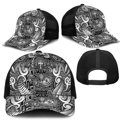 New Zealand Taiaha Maori Baseball Net Cap Kiwikiwi Minimalist Silver Fern Tukutuku Motif