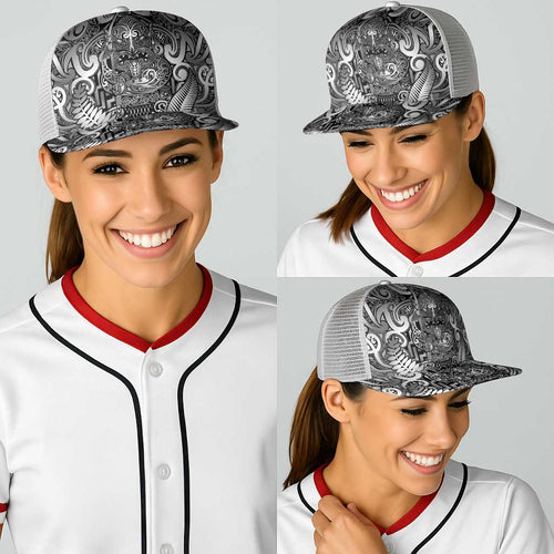 New Zealand Taiaha Maori Baseball Net Cap Kiwikiwi Minimalist Silver Fern Tukutuku Motif