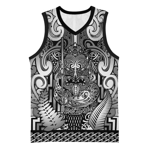 Custom New Zealand Taiaha Maori Basketball Jersey Kiwikiwi Minimalist Silver Fern Tukutuku Motif
