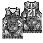 Custom New Zealand Taiaha Maori Basketball Jersey Kiwikiwi Minimalist Silver Fern Tukutuku Motif