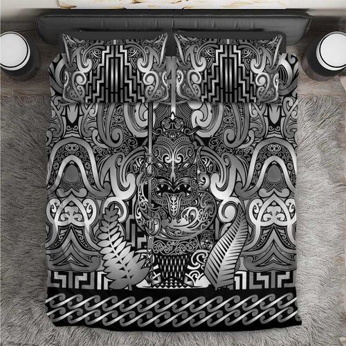 New Zealand Taiaha Maori Bedding Set Kiwikiwi Minimalist Silver Fern Tukutuku Motif