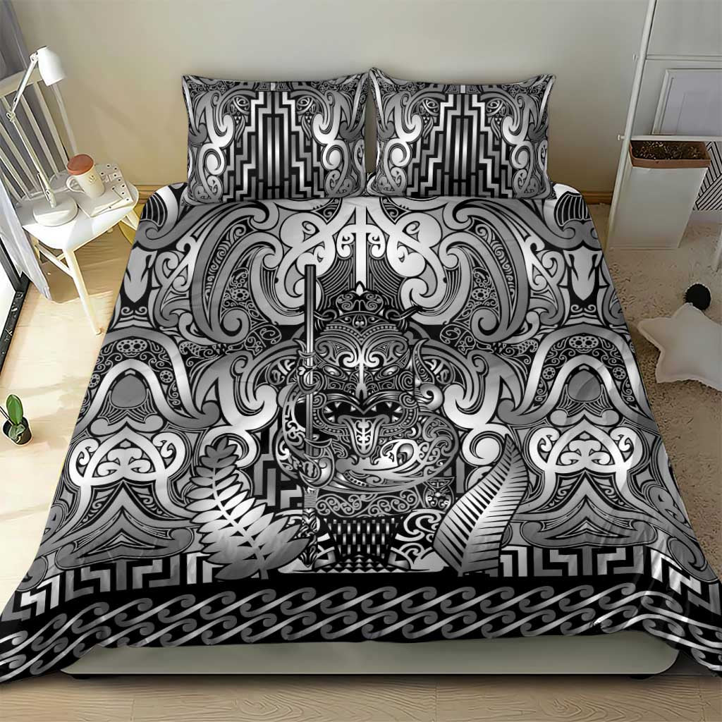 New Zealand Taiaha Maori Bedding Set Kiwikiwi Minimalist Silver Fern Tukutuku Motif