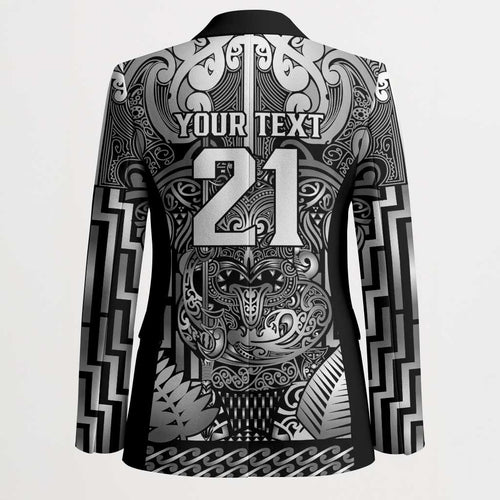 Custom New Zealand Taiaha Maori Blazer Kiwikiwi Minimalist Silver Fern Tukutuku Motif