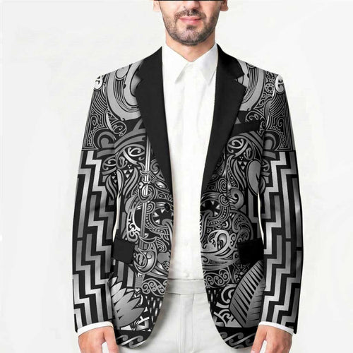 Custom New Zealand Taiaha Maori Blazer Kiwikiwi Minimalist Silver Fern Tukutuku Motif