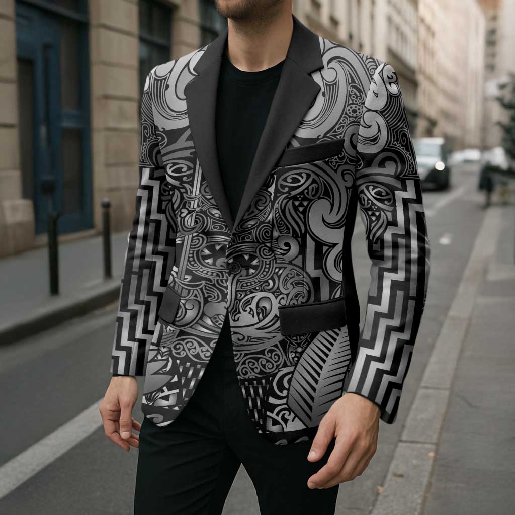 Custom New Zealand Taiaha Maori Blazer Kiwikiwi Minimalist Silver Fern Tukutuku Motif
