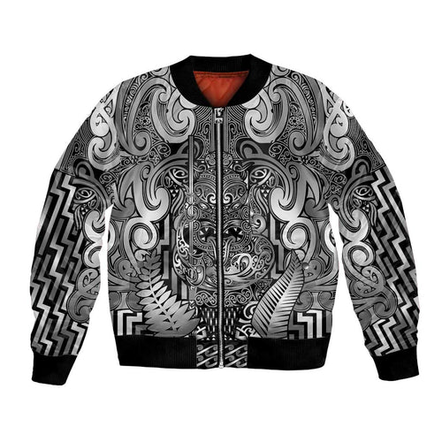 Custom New Zealand Taiaha Maori Bomber Jacket Kiwikiwi Minimalist Silver Fern Tukutuku Motif