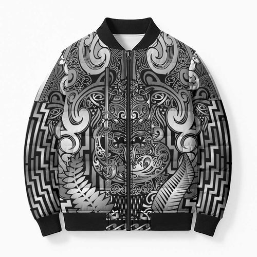 Custom New Zealand Taiaha Maori Bomber Puffer Jacket Kiwikiwi Minimalist Silver Fern Tukutuku Motif