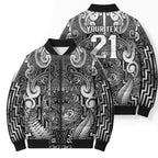 Custom New Zealand Taiaha Maori Bomber Puffer Jacket Kiwikiwi Minimalist Silver Fern Tukutuku Motif